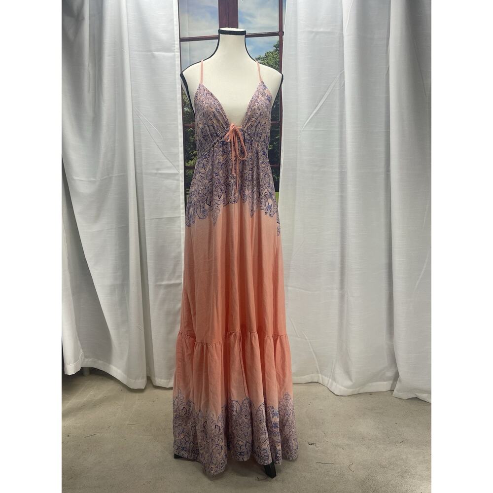 Babydoll flowy Paisley Maxi Dress 12 Boho Resort Tie Front Crossback Coral Blue - Picture 2 of 13